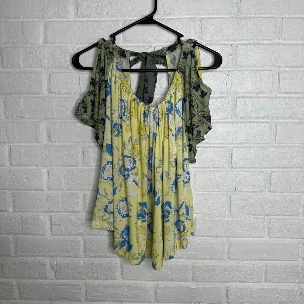 Free People Baja Babe Tie Back Cold Shoulder Top Yellow and Green size‎ Small